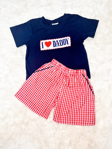 Boys Navy/Red Gingham Smocked I Love Daddy Short Set