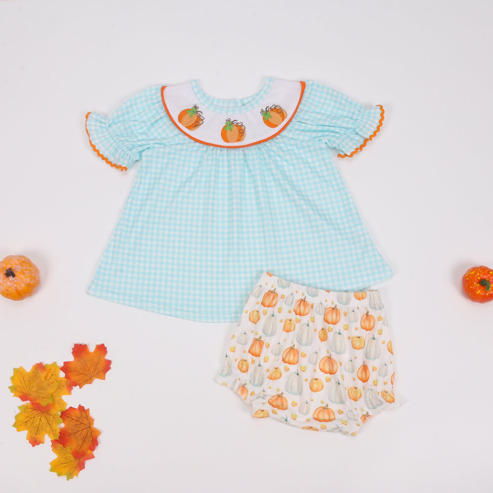 Girls Mint Pumpkin Embroidery Bloomer Set