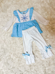 Girls Baby Blue Snowflake Embroidery Knit Pant Set