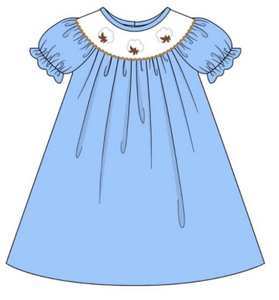 Girls Blue/Brown Cotton Embroidery Dress