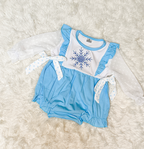 Girls Baby Blue Snowflake Embroidery Knit Bubble