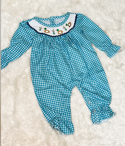 Girls Green Duck Embroidery Romper