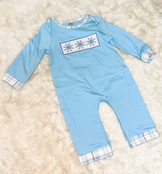 Boys Baby Blue Snow Embroidery Romper