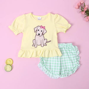 Girls Yellow/Green Puppy Applique Short Set