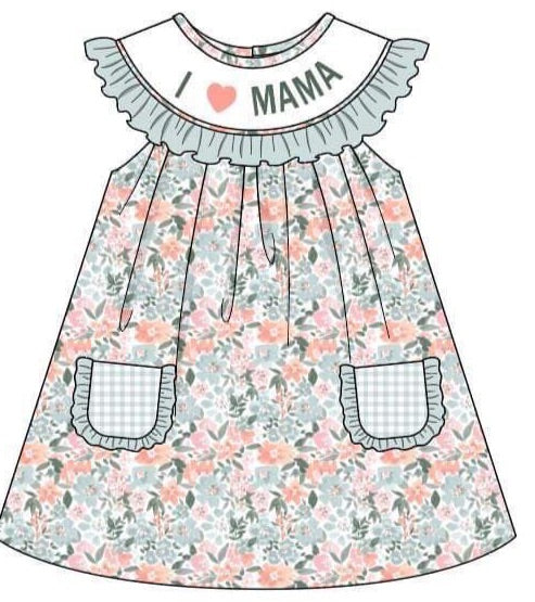 Girls Sage Floral I Love Mama Embroidery Dress