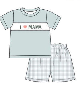 Boys Sage I Love Mama Embroidery Short Set