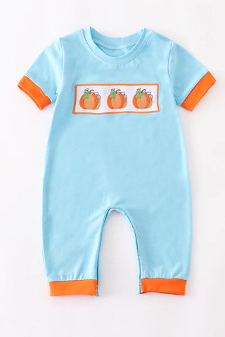 Boys Baby Blue Pumpkin Embroidery Romper