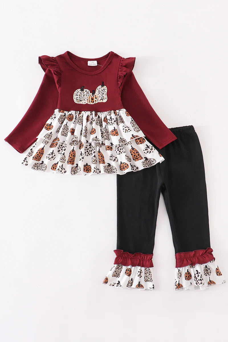 Girls Maroon Leopard Pumpkin Embroidery Pant Set