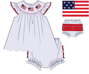 Girls Blue Check Smocked American Flag Patriotic Bloomer Set