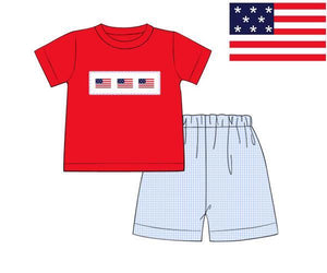Boys Red/Blue Check Smocked American Flag Patriotic Short Set