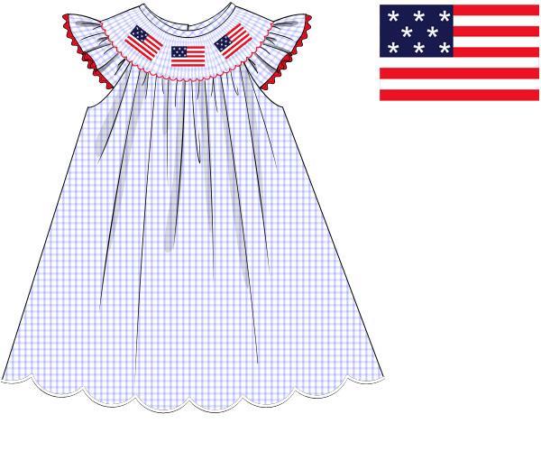 Girls Blue Check Smocked American Flag Patriotic Dress