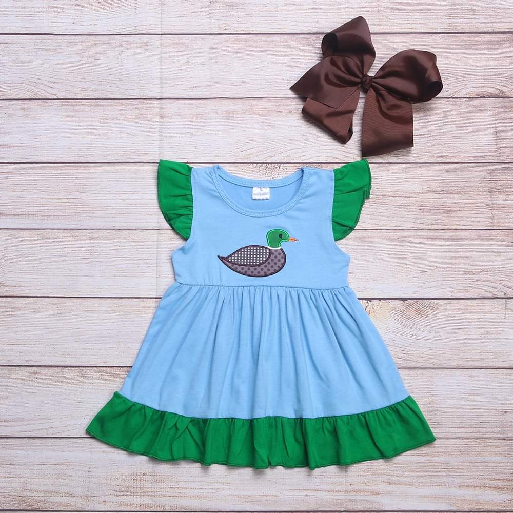 Girls Blue/Green Duck Applique Dress