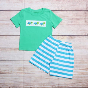 Boys Green/Blue Turtle Embroidery Short Set