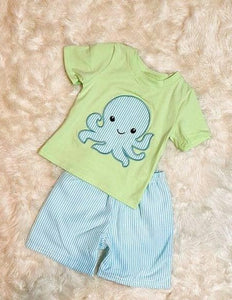 Boys Green/Blue Seersucker Octopus Applique Short Set