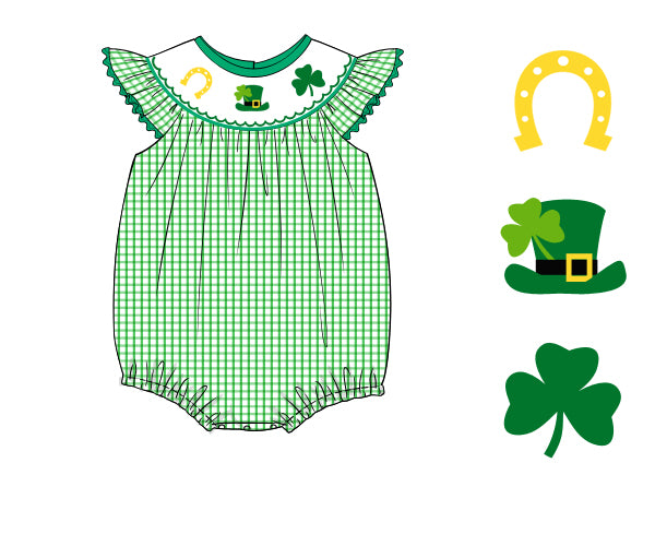 Girls Green Gingham St. Patty's Smocked Bubble