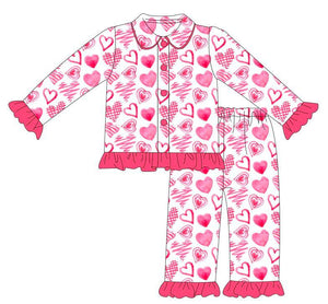 Girls Pink Watercolor Print Valentines Heart Pajamas