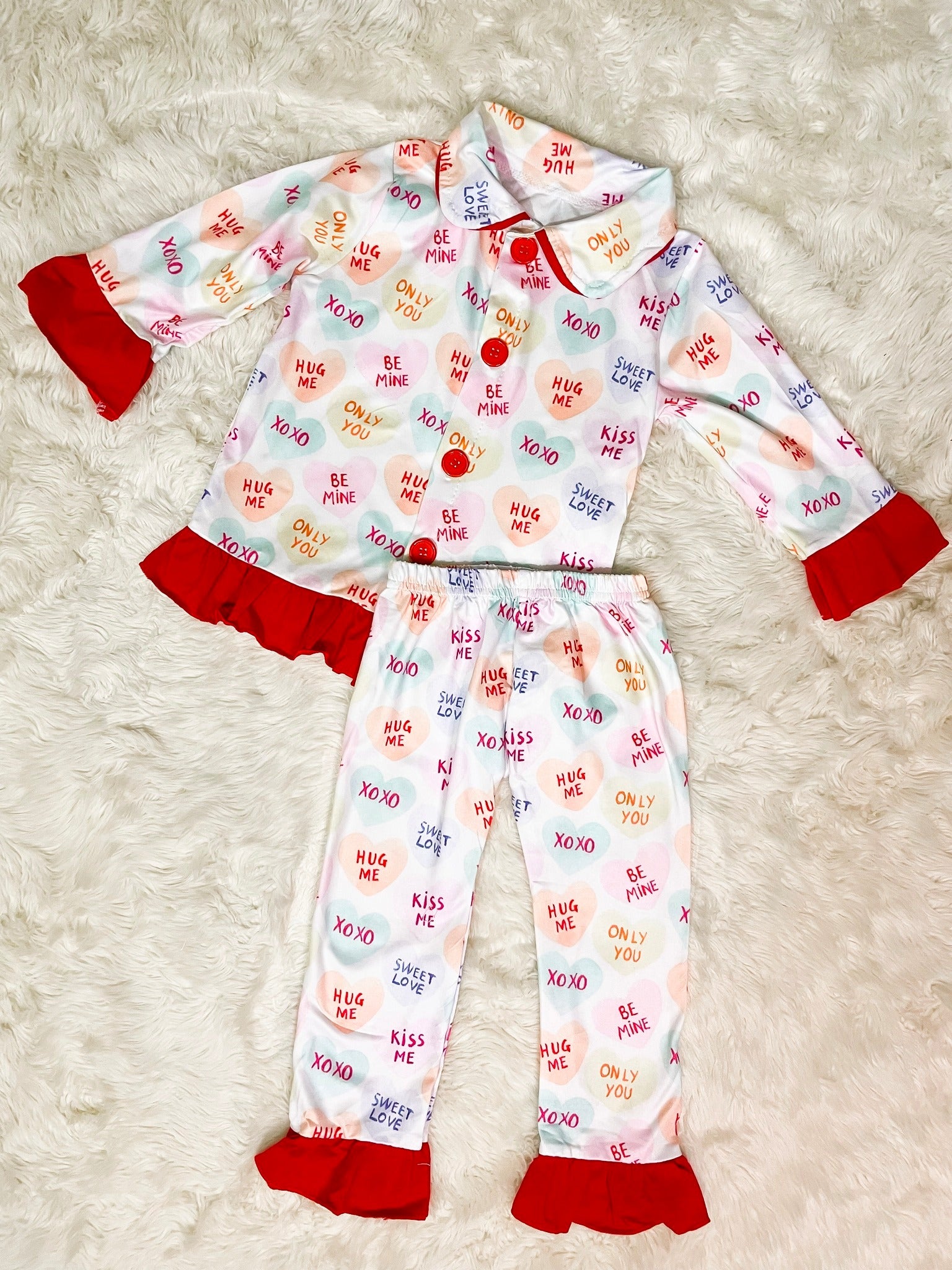 Girls Red/White Candy Heart Print Valentines Pajamas