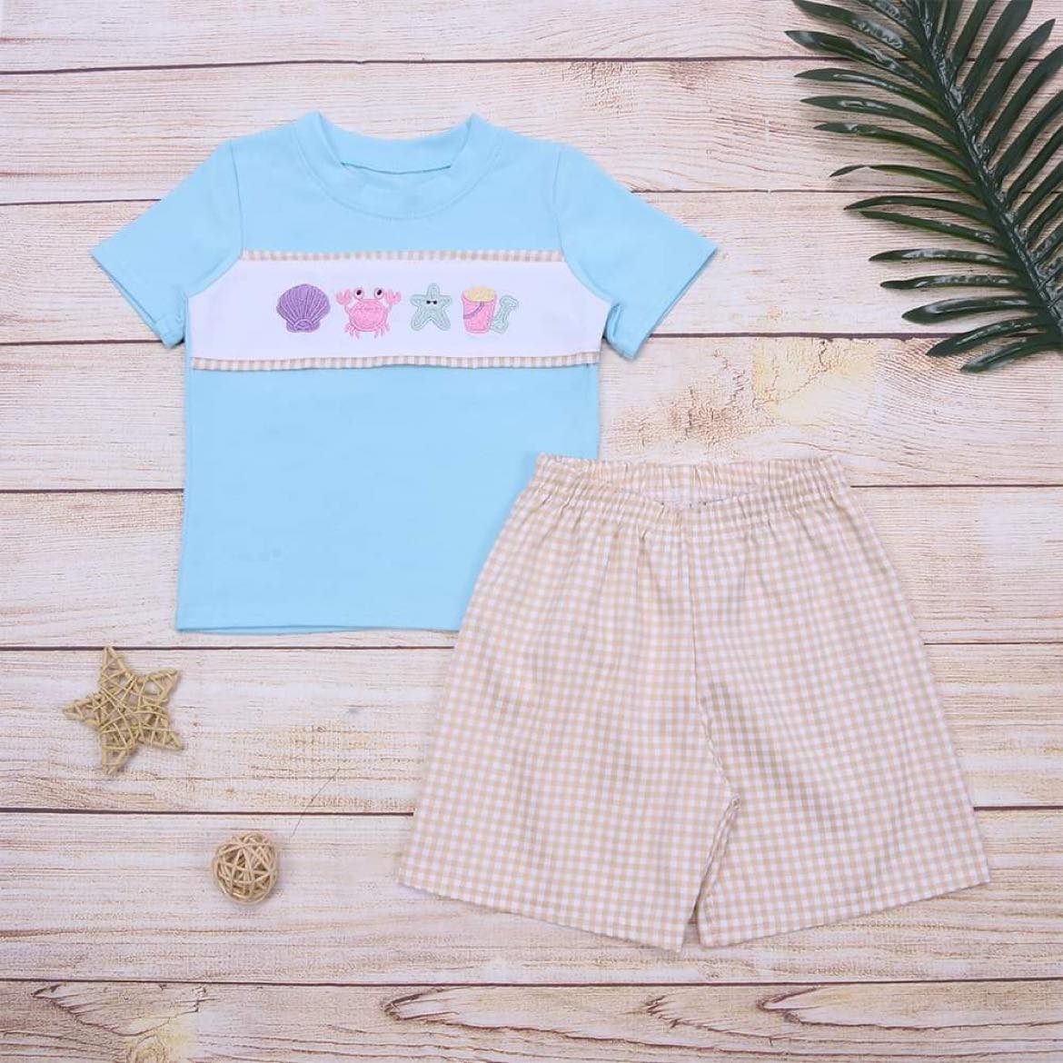 Boys Baby Blue/Khaki Beach Embroidery Short Set