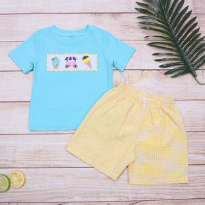 Boys Baby Blue/Yellow Ice Cream Embroidery Short Set