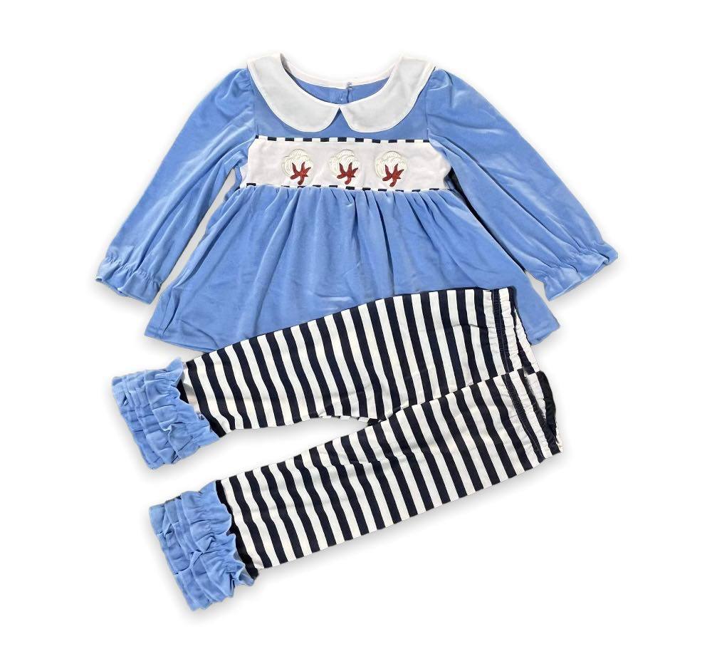 Girls Blue Cotton Embroidery Pant Set