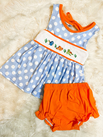 Girls Orange/Blue Nemo Embroidery Bloomer Set