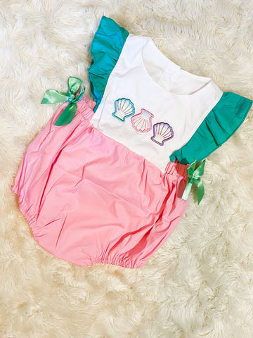 Girls Pink/Teal Seashell Embroidery Bubble