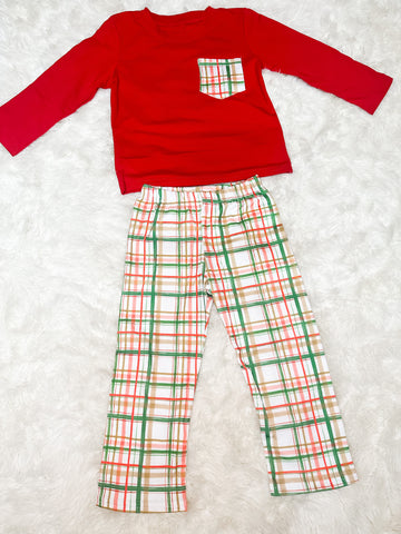 Boys Red Plaid Knit Pant Set