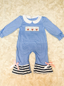 Girls Blue Cotton Embroidery Romper