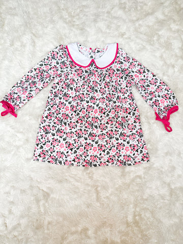 Girls Pink Floral Knit Collared Dress