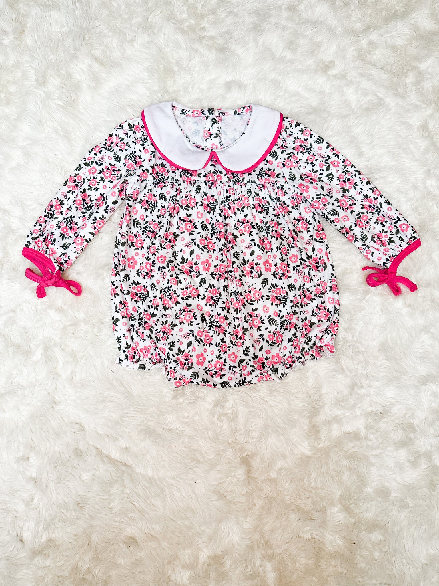 Girls Pink Floral Knit Collared Bubble