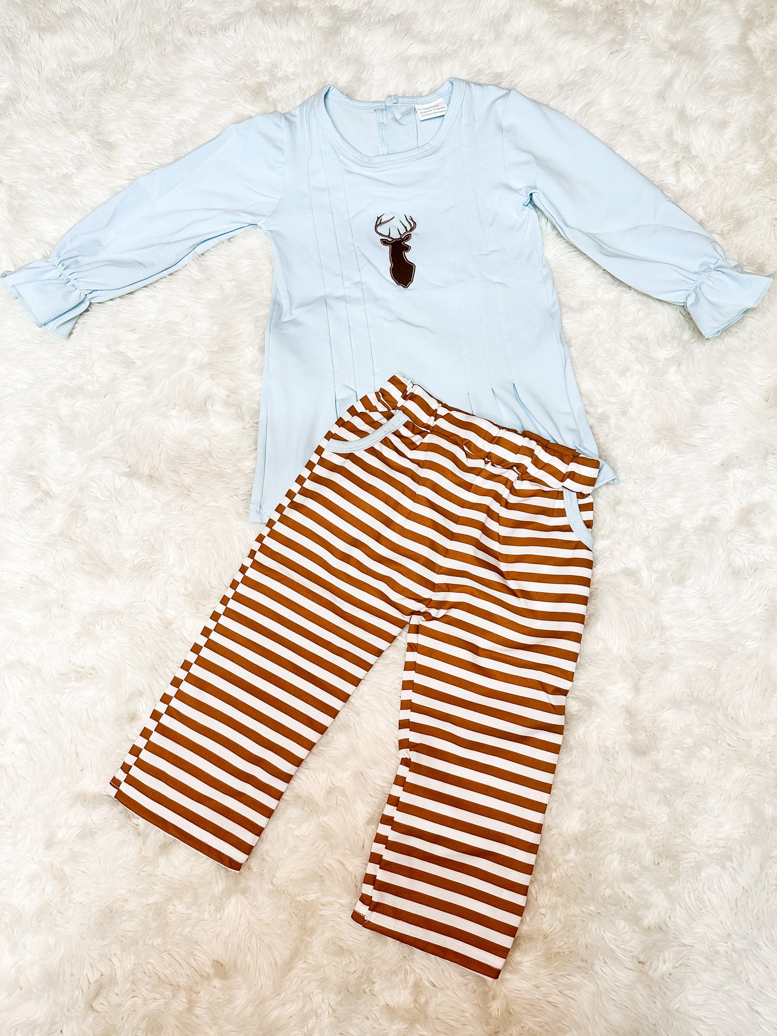 Girls Baby Blue/Brown Deer Embroidery Pant Set
