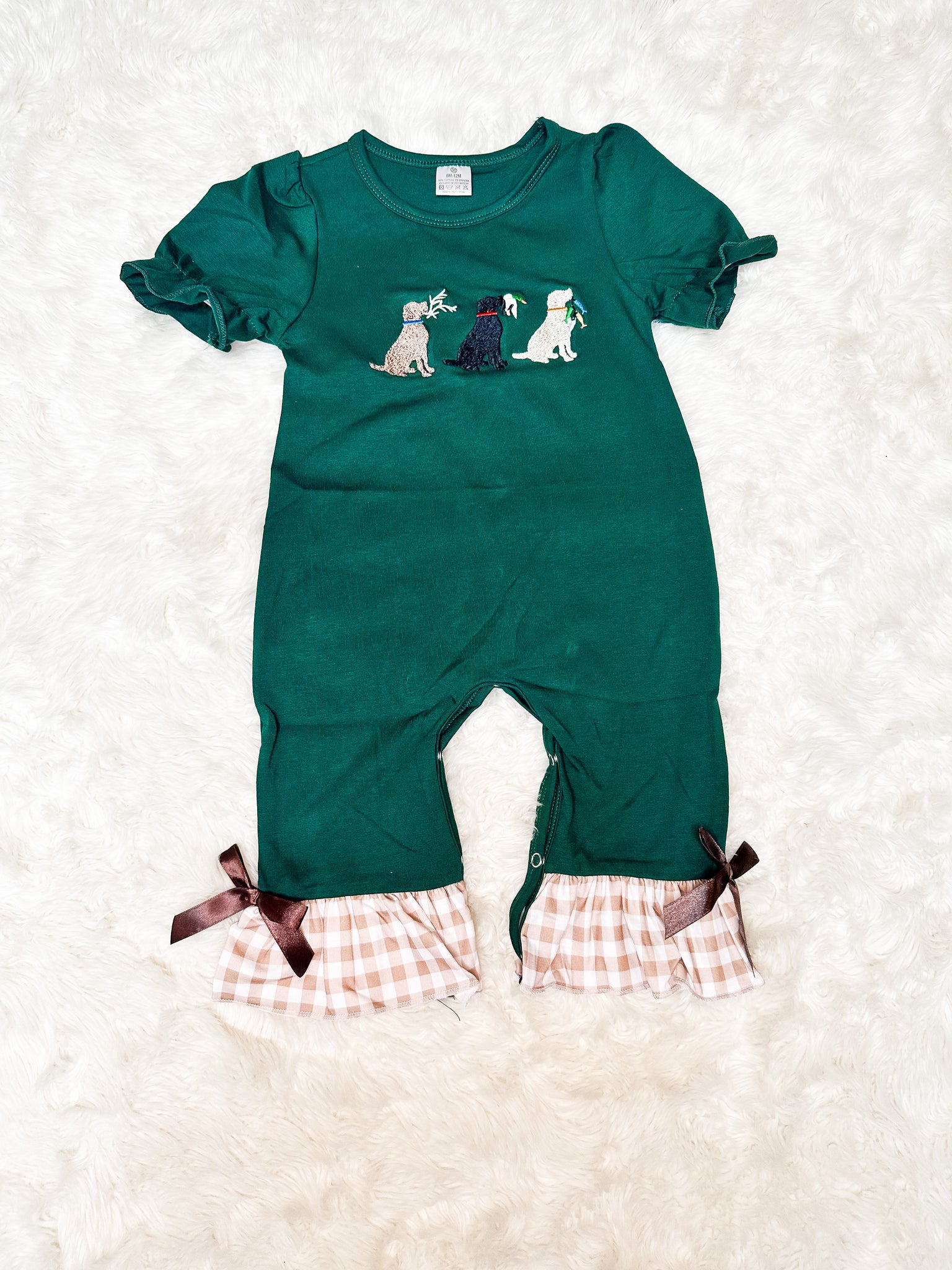Girls Green Hunting Pup Embroidery Romper