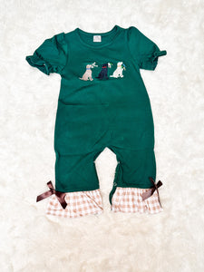 Girls Green Hunting Pup Embroidery Romper