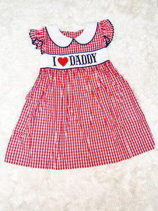 Girls Red Gingham Smocked I Love Daddy Dress