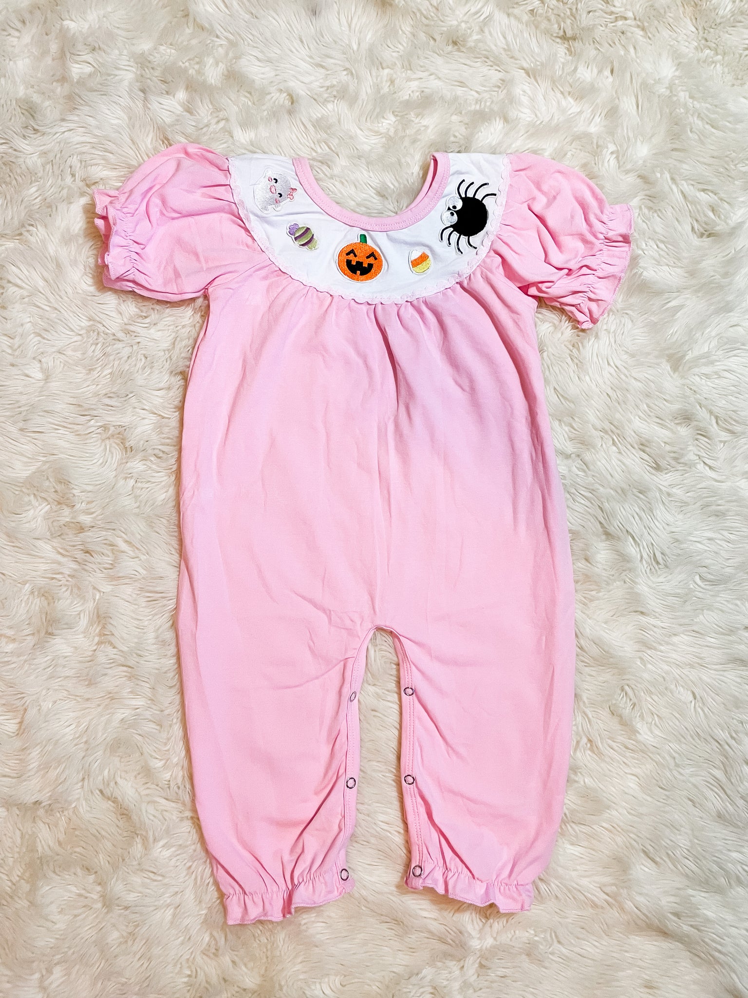 Girls Pink Halloween Embroidery Romper