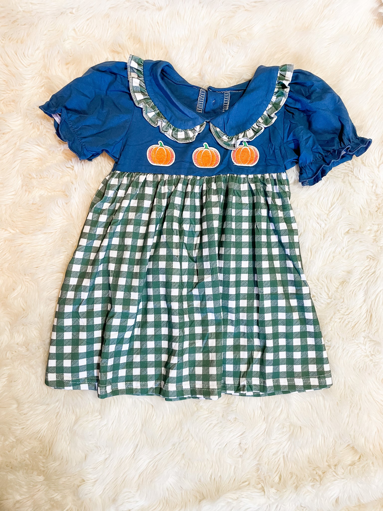 Girls Blue/Forest Green Pumpkin Embroidery Dress