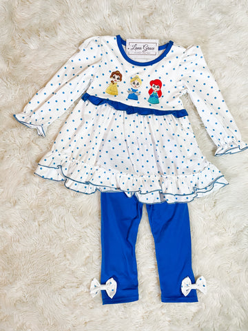 Girls Blue Princess Embroidery Polka Dot Legging Set
