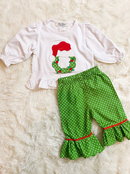 Girls Green Micro Dot Christmas Wreath Appliqué Pant Set