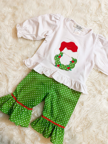 Girls Green Micro Dot Christmas Wreath Appliqué Pant Set