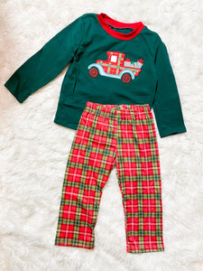 Boys Green/Red Plaid Christmas Truck Pant Set