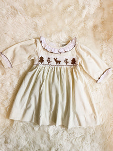 Girls Cream Corduroy Smocked Reindeer Dress