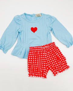 Girls Blue/Red Gingham Heart Embroidery Short Set