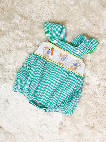 Girls Teal Gingham Peter Rabbit Embroidery Bubble
