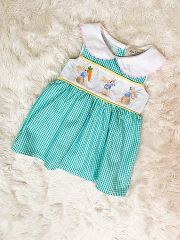 Girls Teal Gingham Peter Rabbit Embroidery Dress