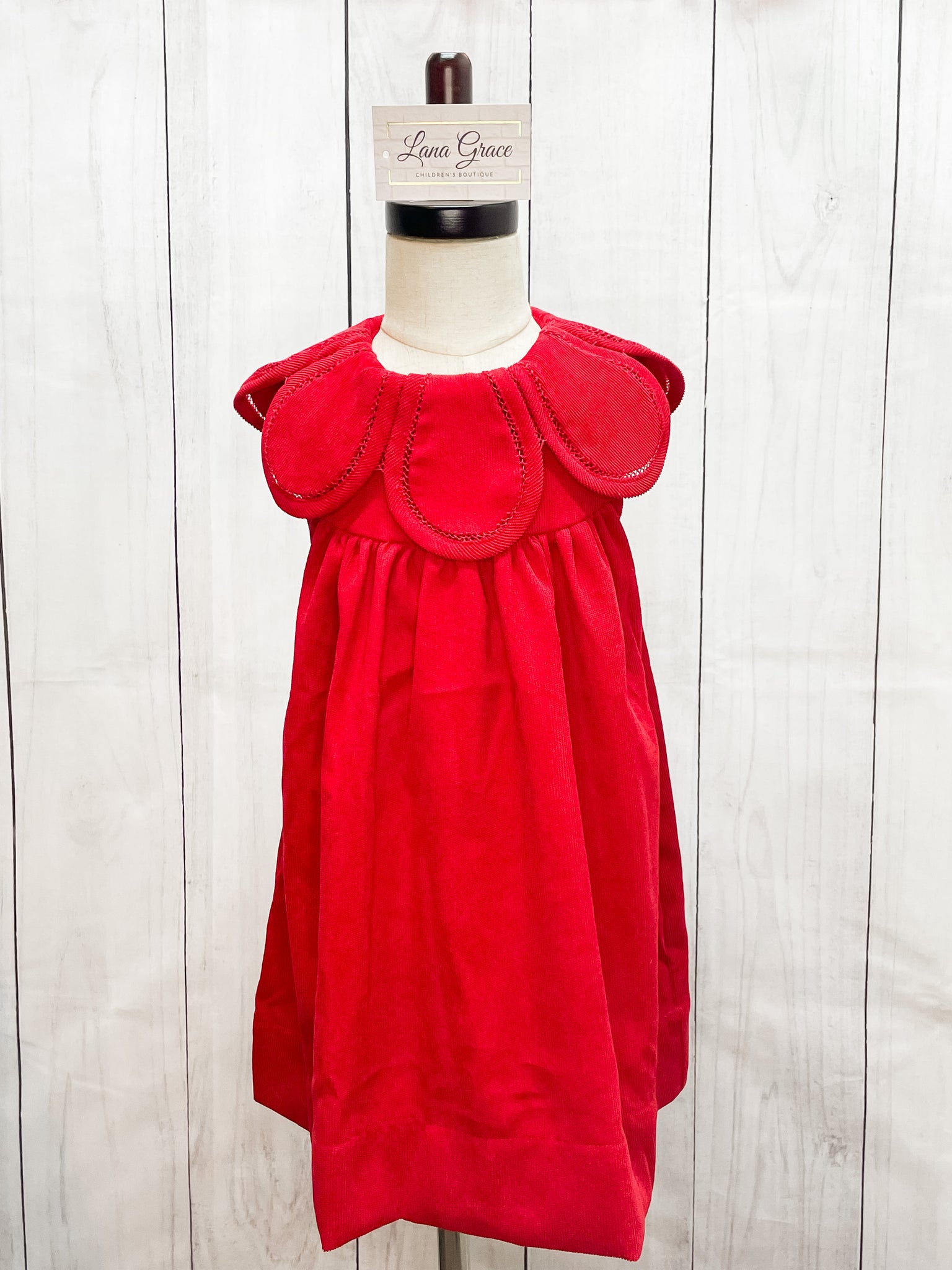 Girls Red Corduroy Tulip Collar Dress