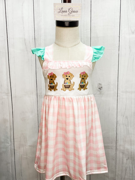 Girls Pink Gingham Easter Puppy Embroidery Dress