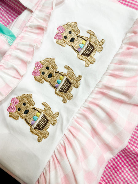 Girls Pink Gingham Easter Puppy Embroidery Dress