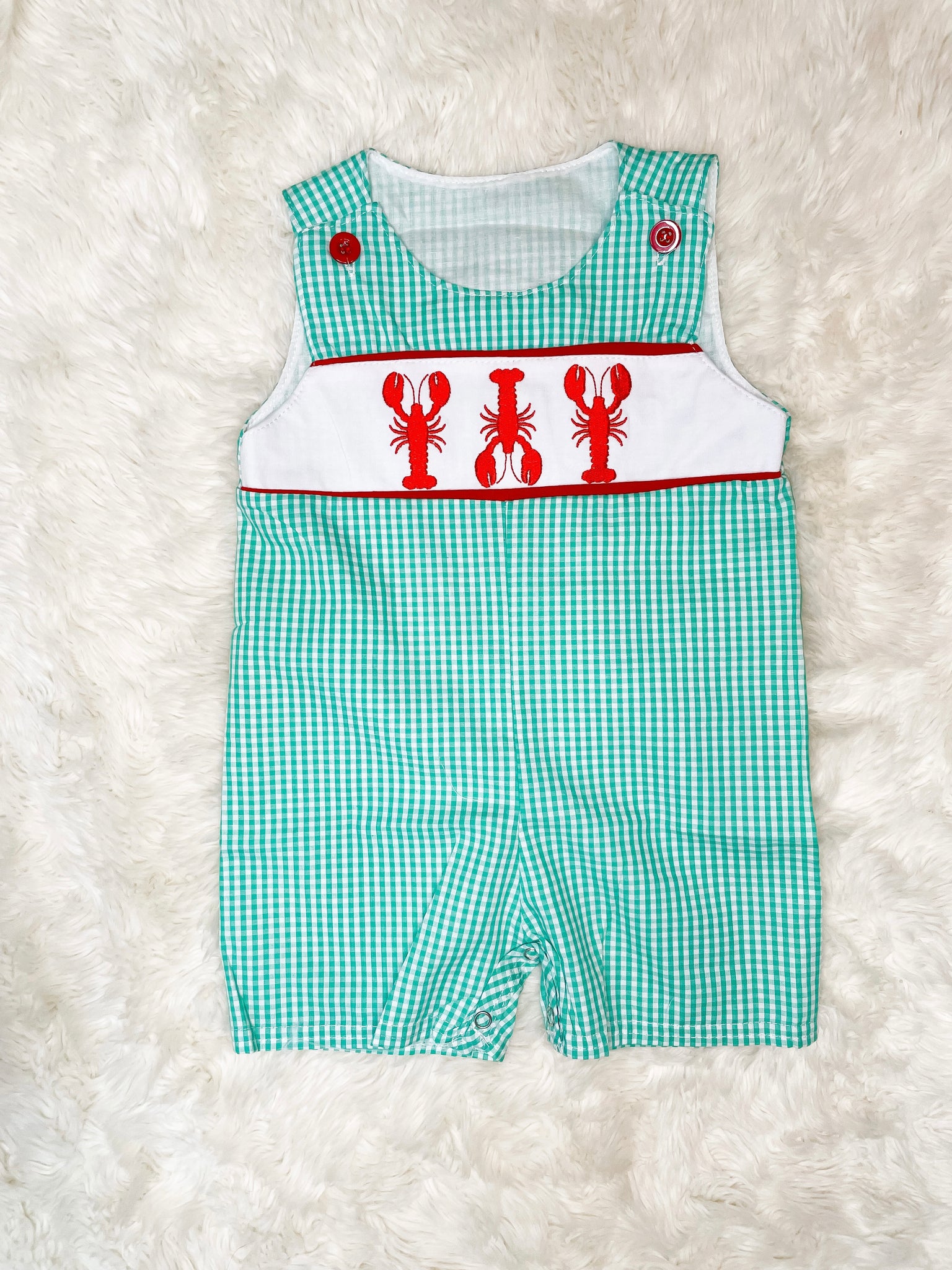 Boys Teal/Red Crawfish Embroidery Romper