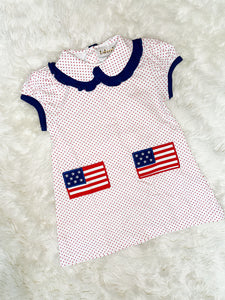 Girls Red/White/Blue Polka Dot Knit American Flag Pocket Dress