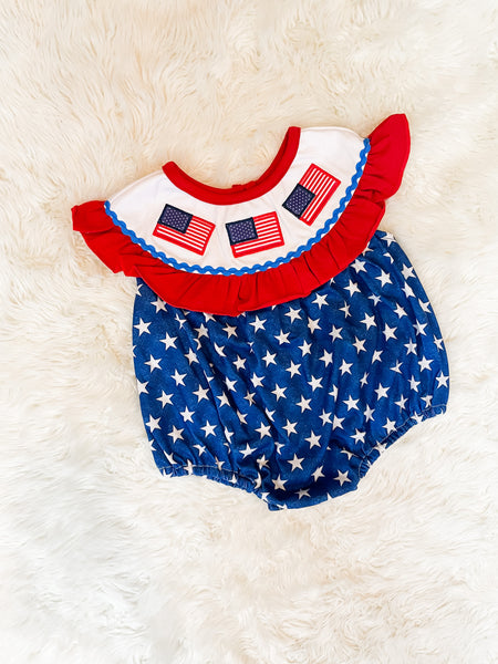 Girls Red/Blue Patriotic Embroidery Bubble